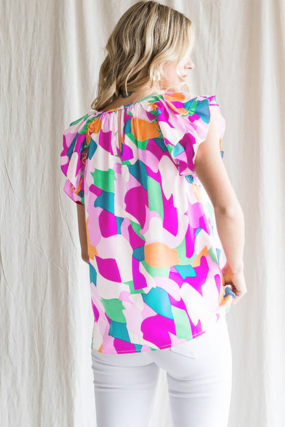 Purple Abstract Pattern Ruffle Short Sleeves Blouse - LA Grand