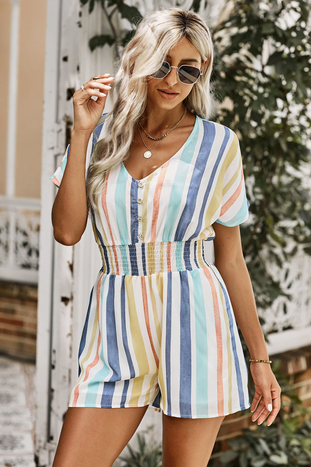 Striped Print V-neck Button Romper - LA Grand