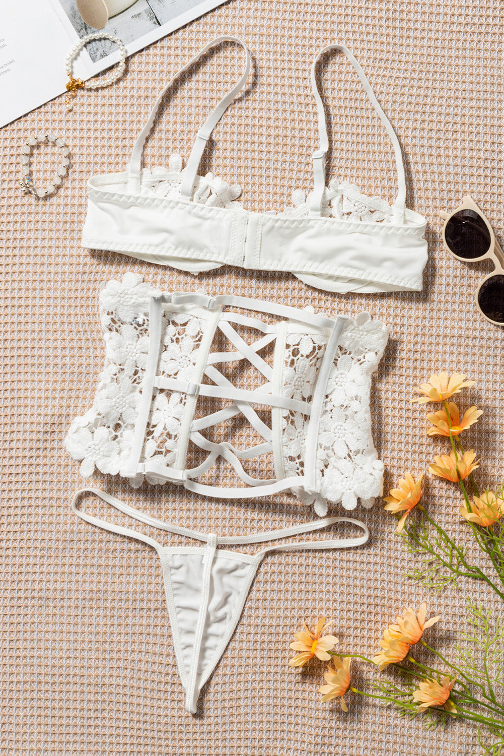 White Premium Lace Bra Waist Cincher and Thong Lingerie Set - LA Grand