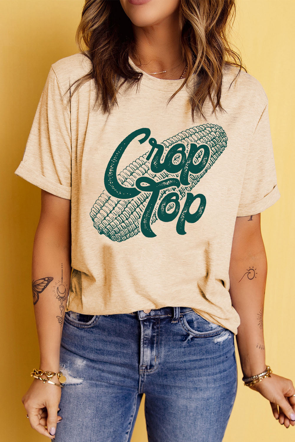 Khaki Corn Crop Top Graphic Tee - LA Grand