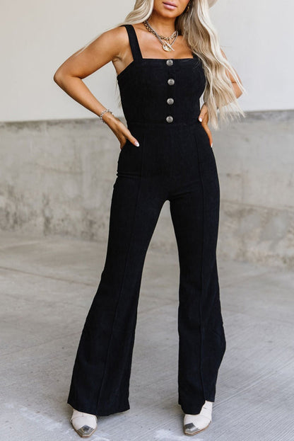 Black Sleeveless Buttoned Bodice Wide Leg Corduroy Jumpsuit - LA Grand