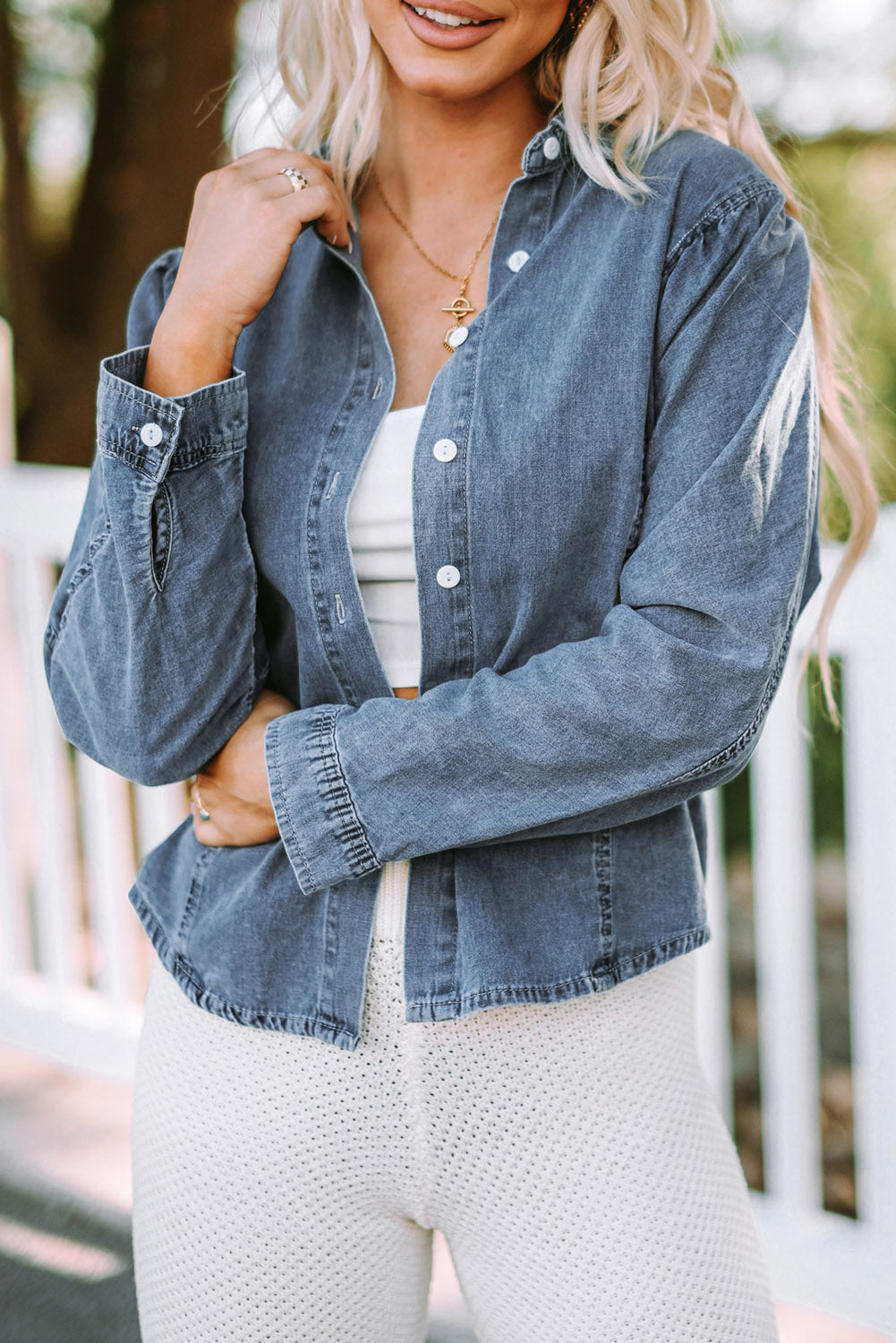 Sky Blue Medium Wash Collared Seamed Denim Shirt - LA Grand