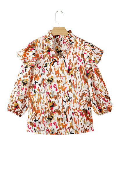 Multicolour Abstract Print 3/4 Puff Sleeve Ruffle Blouse - LA Grand