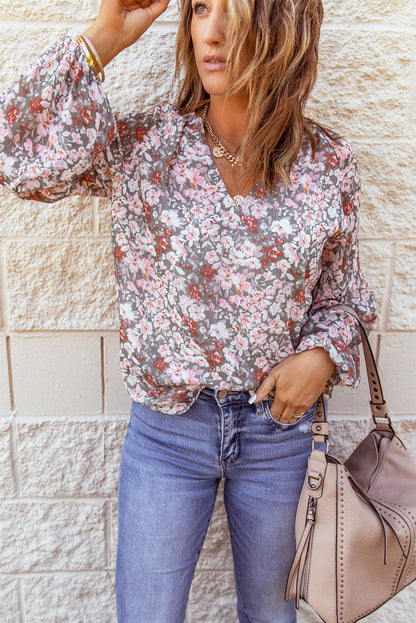 White Floral Print V Neck Long Puff Sleeve Top - LA Grand