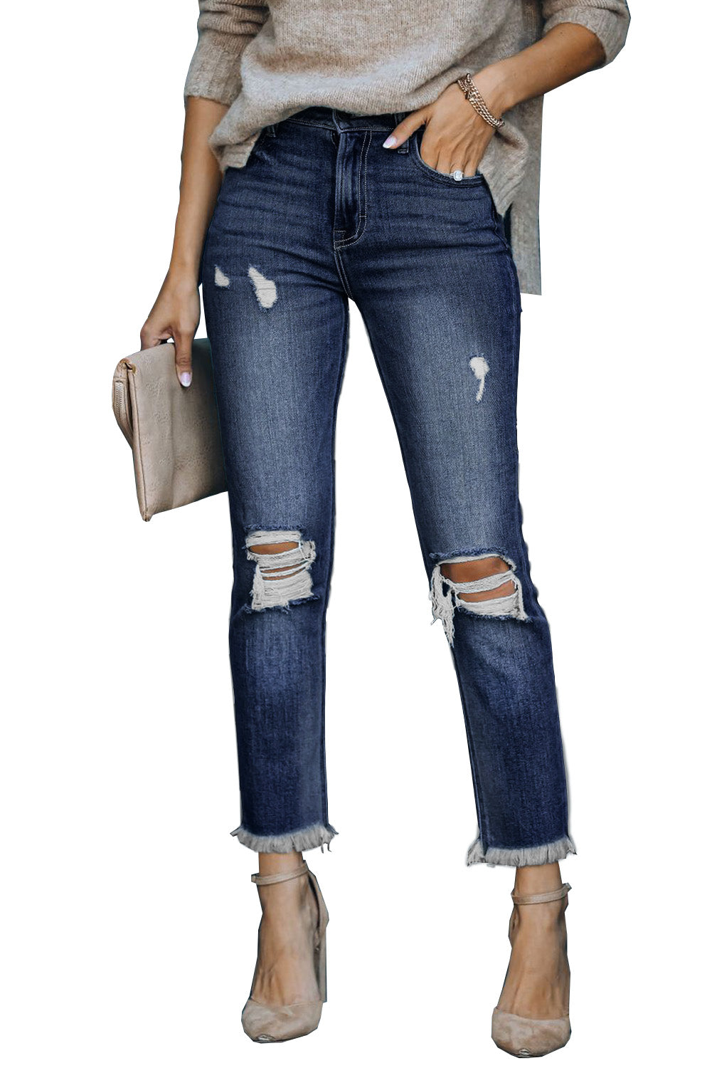 Blue Distressed Raw Hem Button Mid Waist Jeans - LA Grand