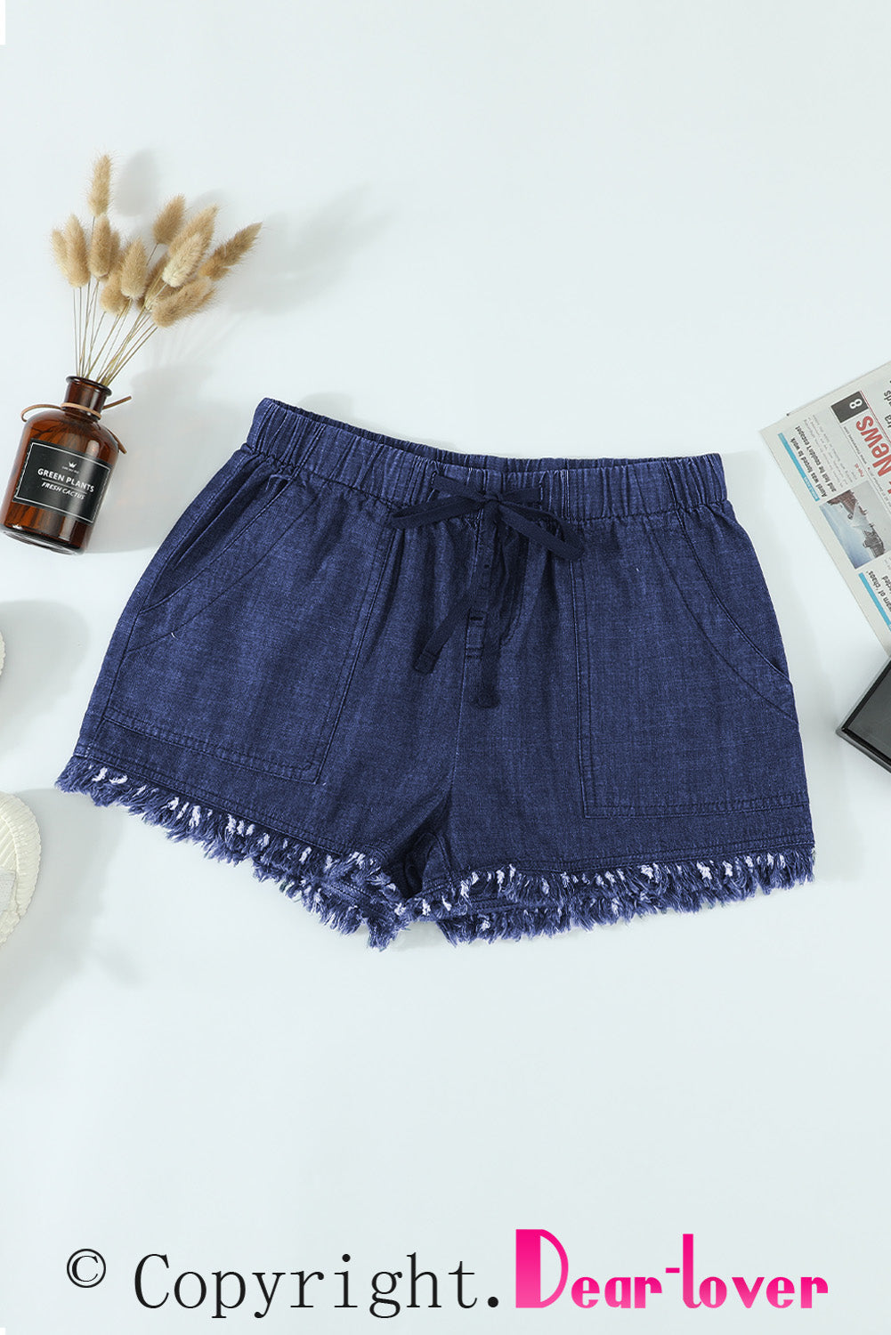 Dark Blue Casual Pocketed Frayed Denim Shorts - LA Grand