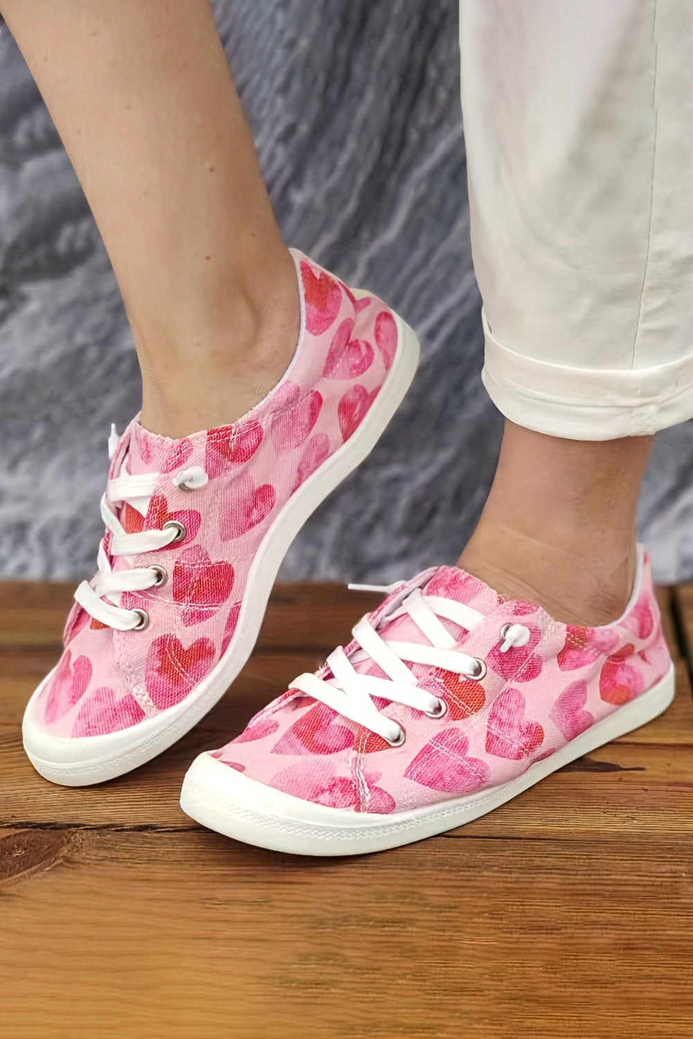 Strawberry Pink Heart Shaped Criss Cross Slip On Canvas Shoes - LA Grand