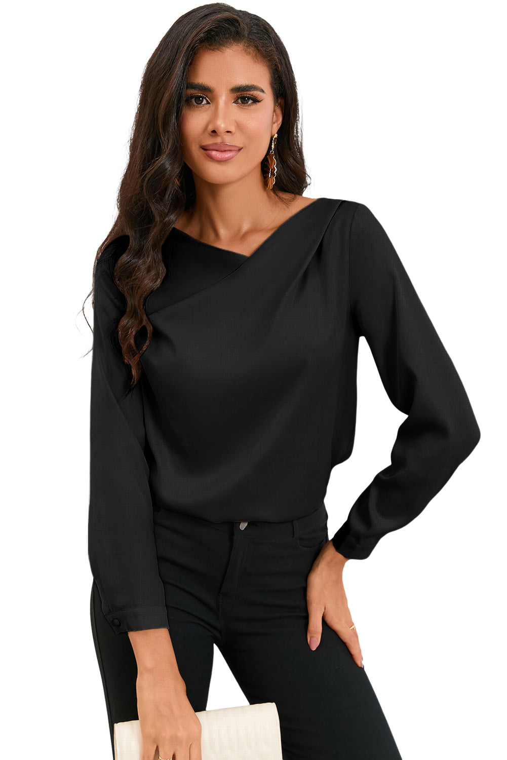 Apricot Solid Asymmetric V Neck Long Sleeve Satin Blouse - LA Grand