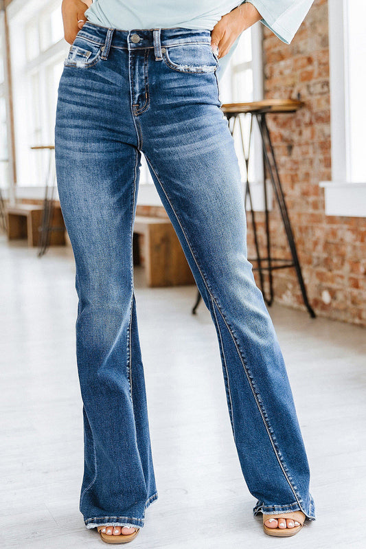 Sky Blue Medium Wash High Rise Flare Jeans - LA Grand