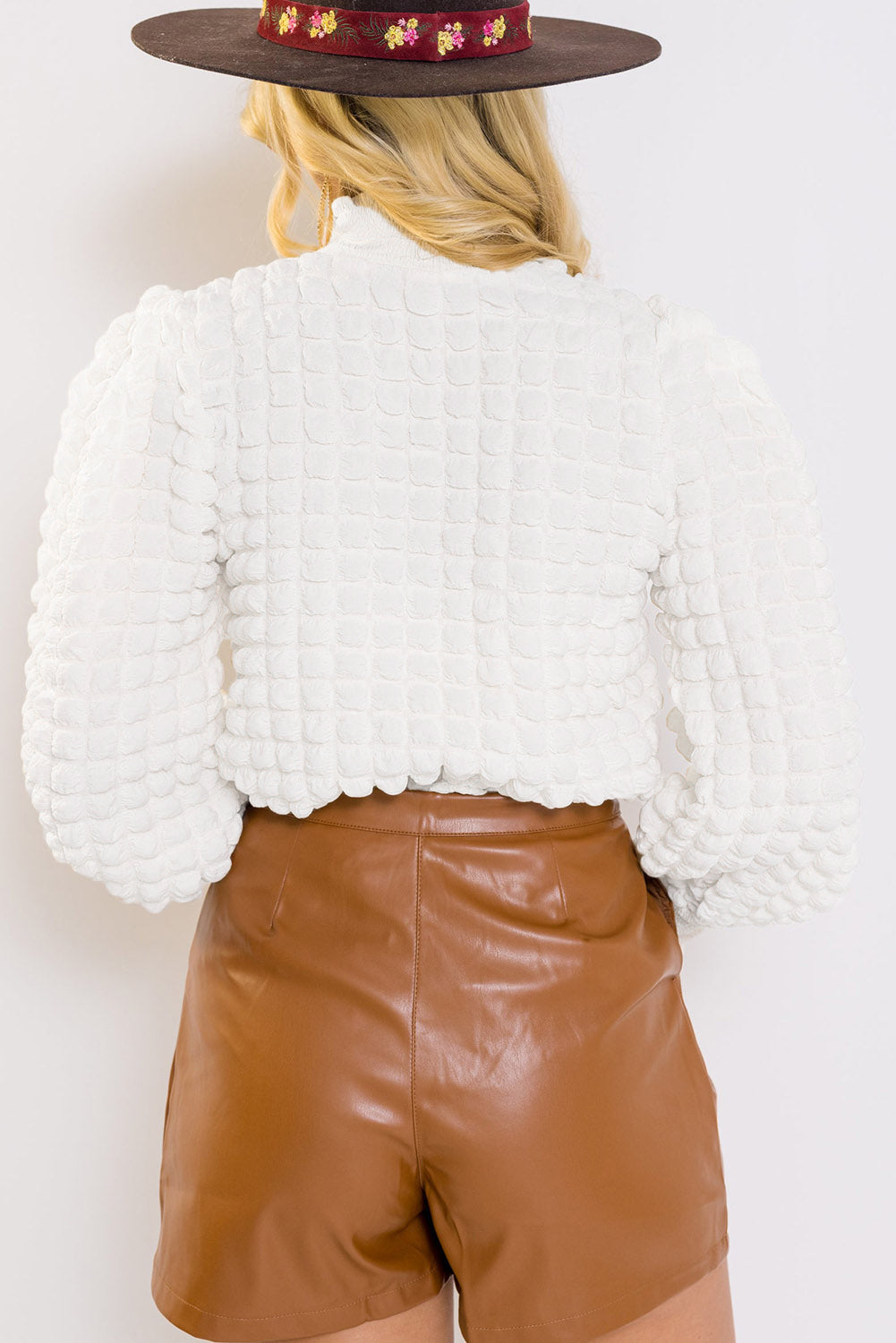 White Textured Smocked Mock Neck Puff Sleeve Blouse - LA Grand