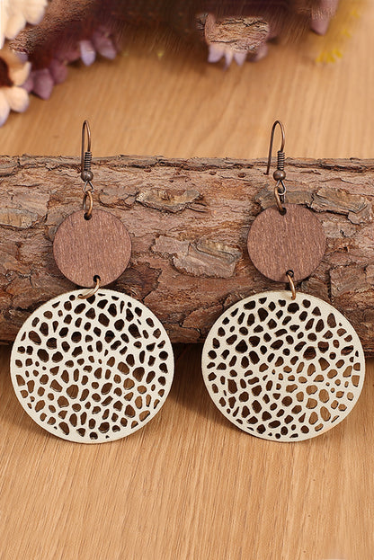 Beige Hollow Out Wooden Round Drop Earrings - LA Grand