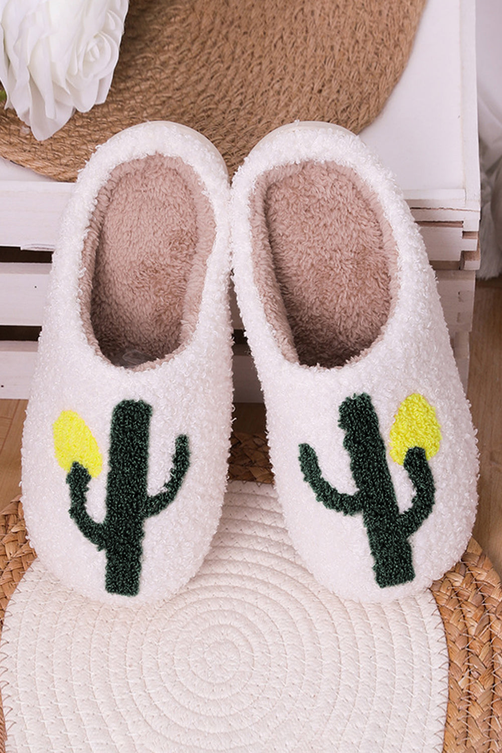 White Fuzzy Cactus Pattern Winter Home Slippers - LA Grand