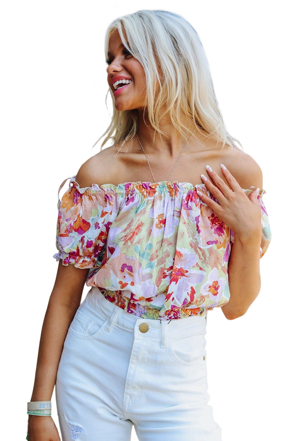 Multicolor Floral Print Off Shoulder Puff Sleeve Blouse - LA Grand