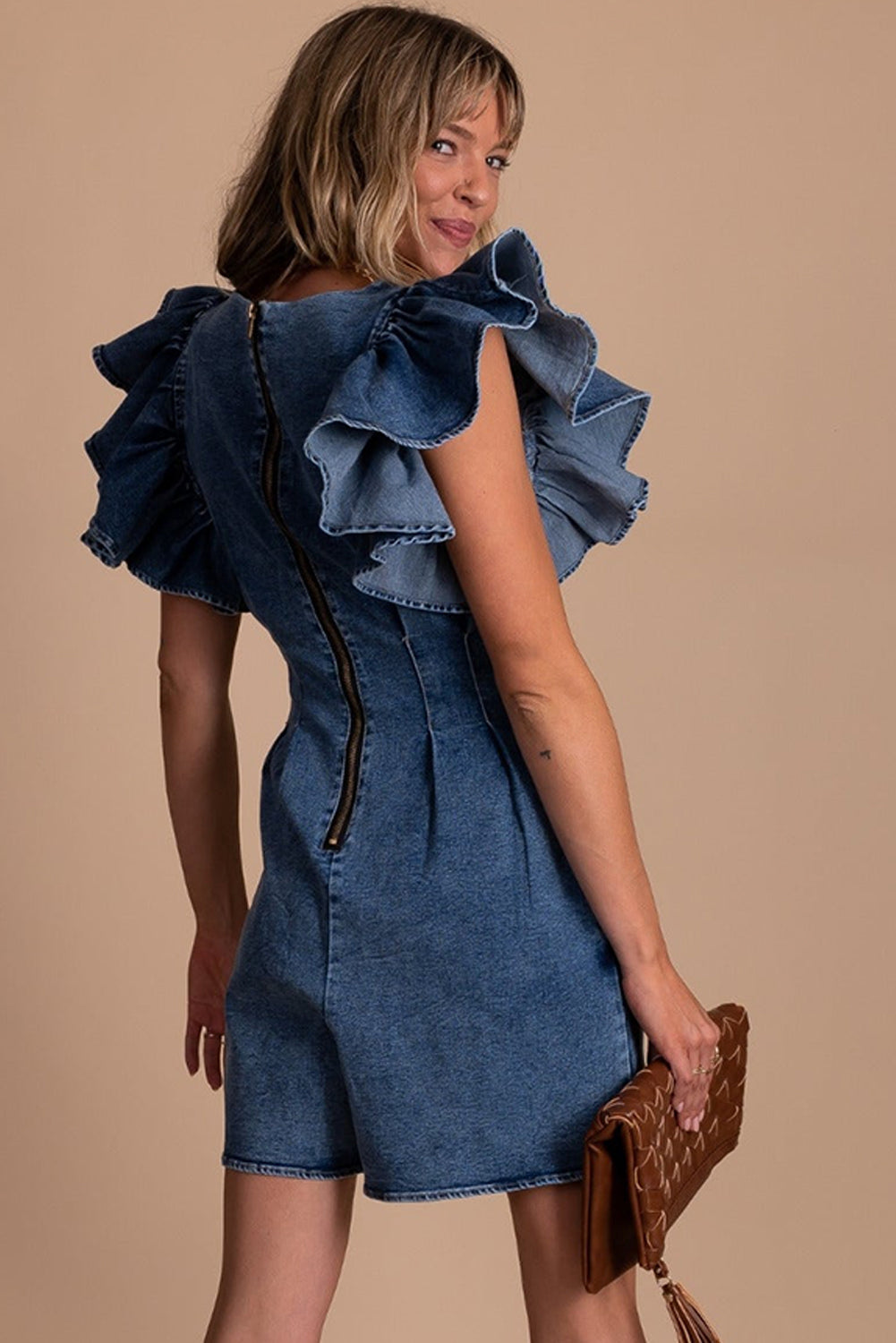 Blue Ruffle Pleated Denim Romper with Pockets - LA Grand