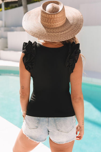 Black Ruffle Short Sleeves Round Neck Top - LA Grand