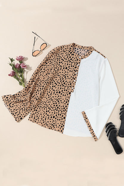 Khaki Leopard Contrast Half Button Casual Blouse - LA Grand