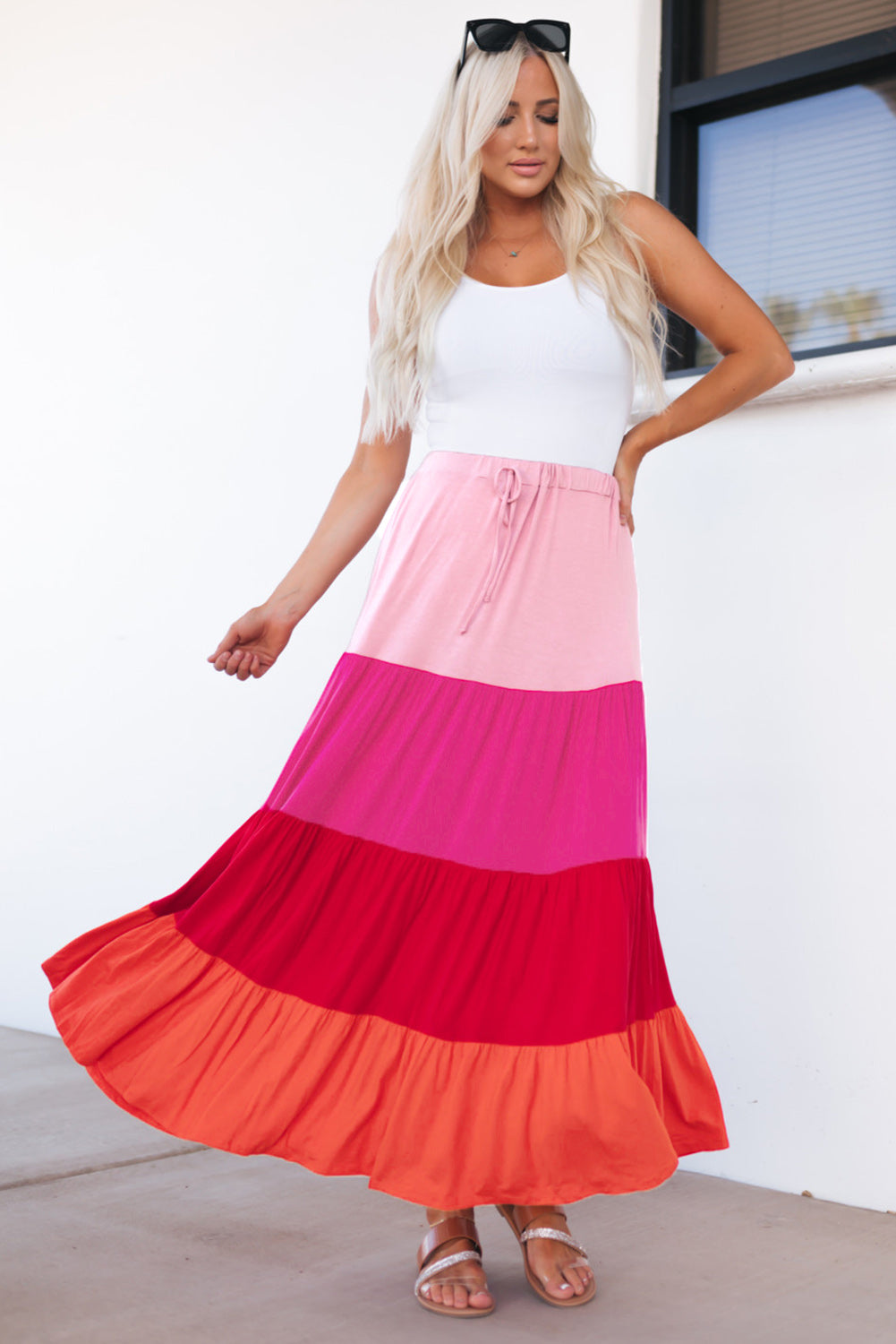 Pink Color Block Tiered Drawstring High Waist Maxi Skirt - LA Grand