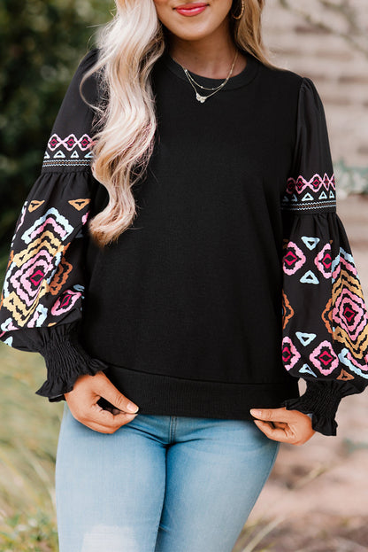 Black Printed Balloon Sleeve Crew Neck Blouse - LA Grand