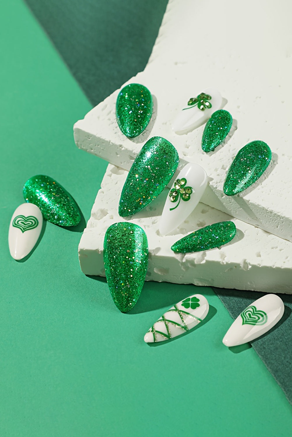 Blackish Green Almond Clover Rhinestone Glitter Fake Nails - LA Grand