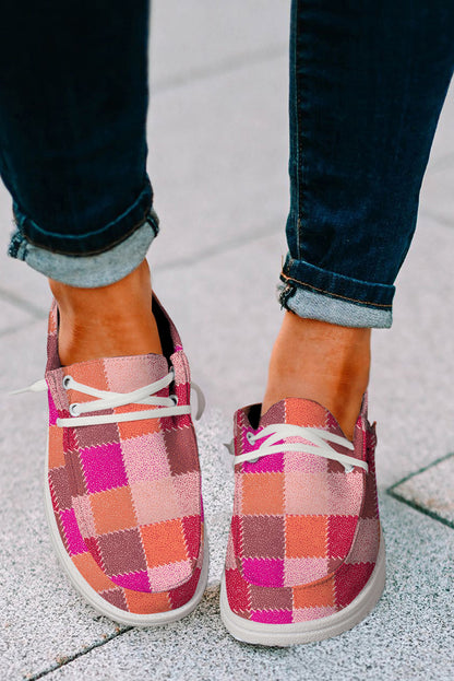 Red Plaid Print Criss Cross Slip On Canvas Shoes - LA Grand