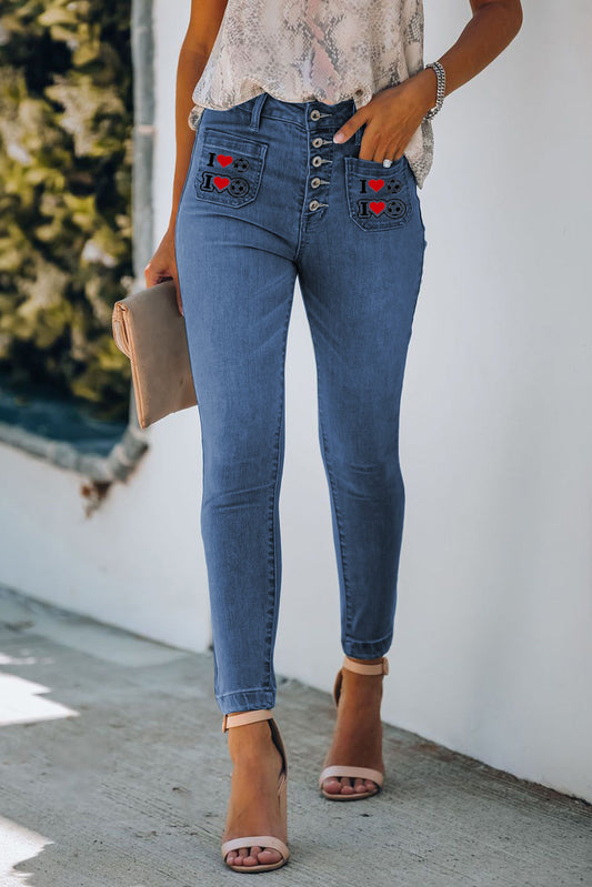 Buttons Printed Pockets Skinny Jeans - LA Grand