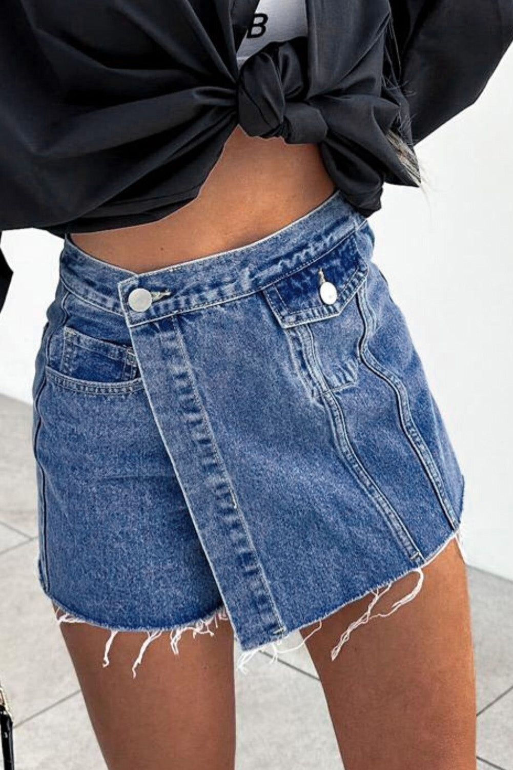 Sky Blue Button Wrap Over Raw Hem Denim Shorts - LA Grand