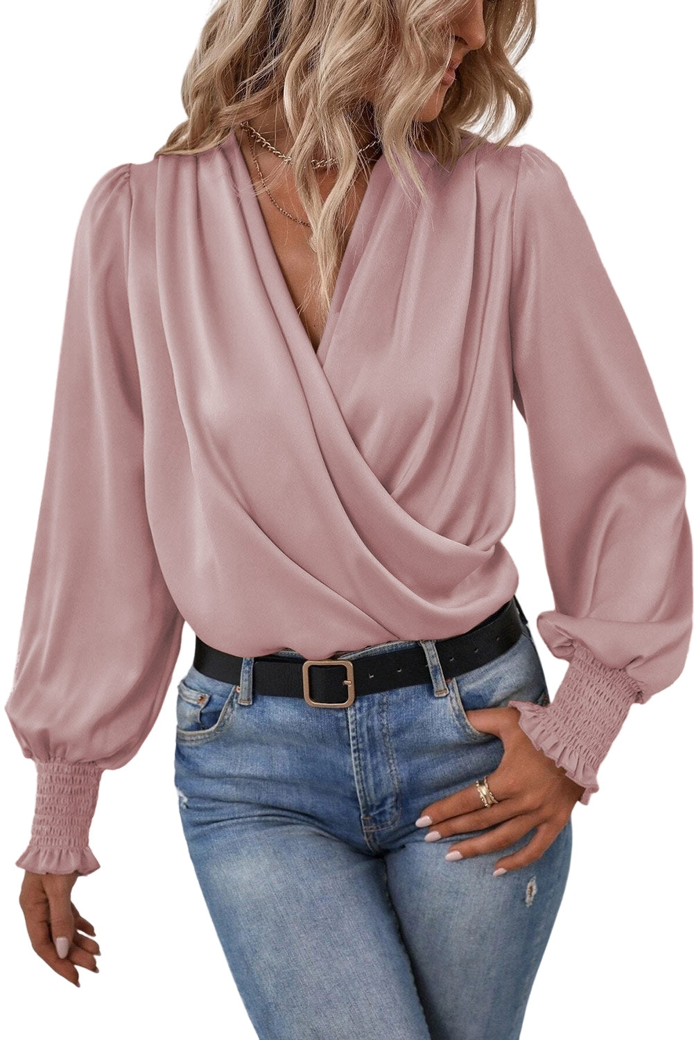 Khaki Solid Surplice Neck Shirred Cuffs Draped Blouse - LA Grand