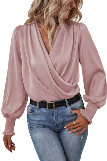 Khaki Solid Surplice Neck Shirred Cuffs Draped Blouse - LA Grand