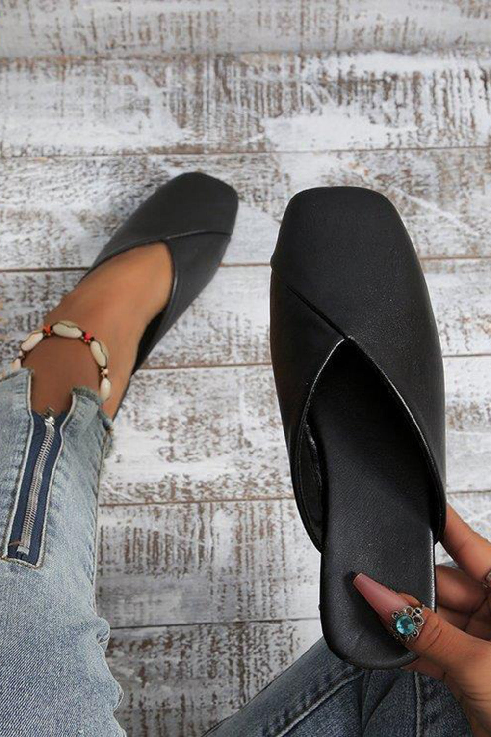 Black Square Toe PU Leather Slip On Shoes - LA Grand