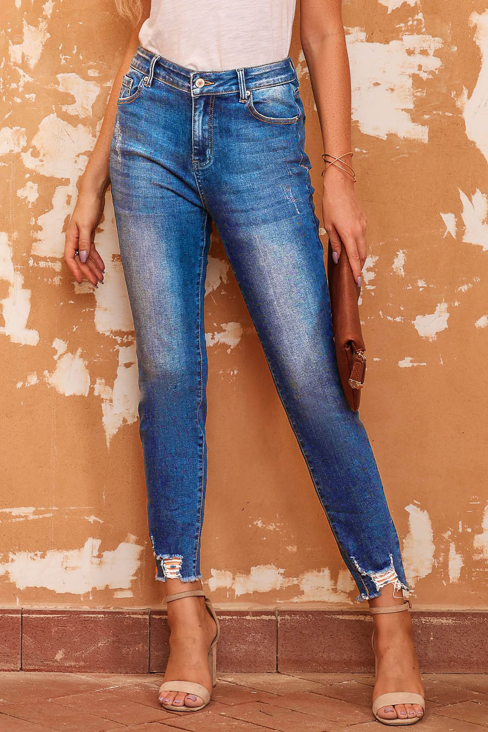 Blue Raw Hem Ankle-length Skinny Jeans - LA Grand