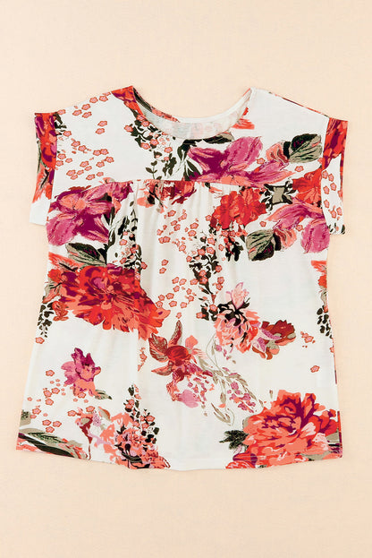 Fiery Red Floral Short Sleeve Round Neck Blouse - LA Grand