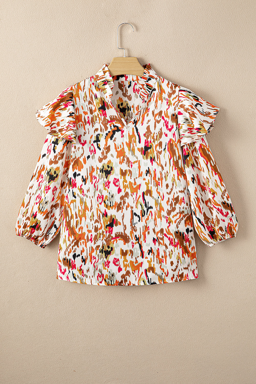 Multicolour Abstract Print 3/4 Puff Sleeve Ruffle Blouse - LA Grand