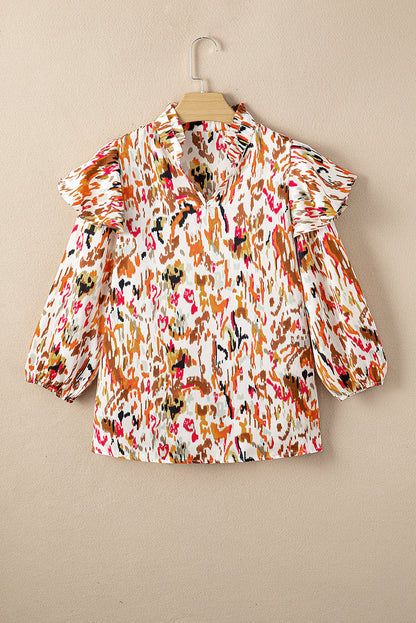 Multicolour Abstract Print 3/4 Puff Sleeve Ruffle Blouse - LA Grand