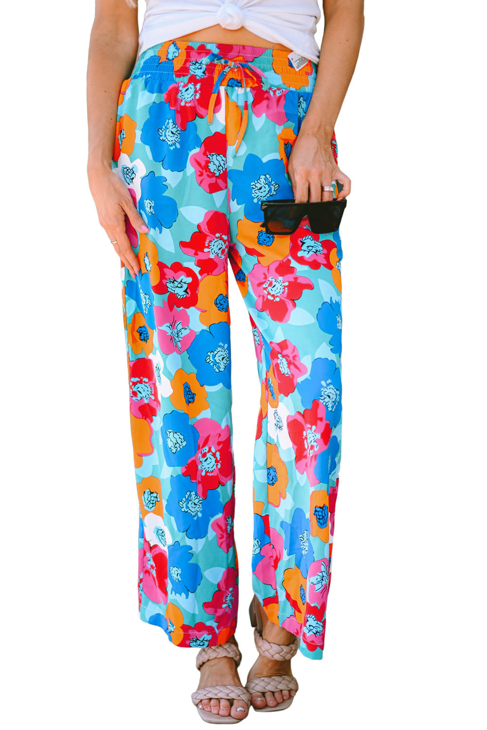 Multicolor Abstract Floral Print Drawstring Wide Waistband Pants - LA Grand