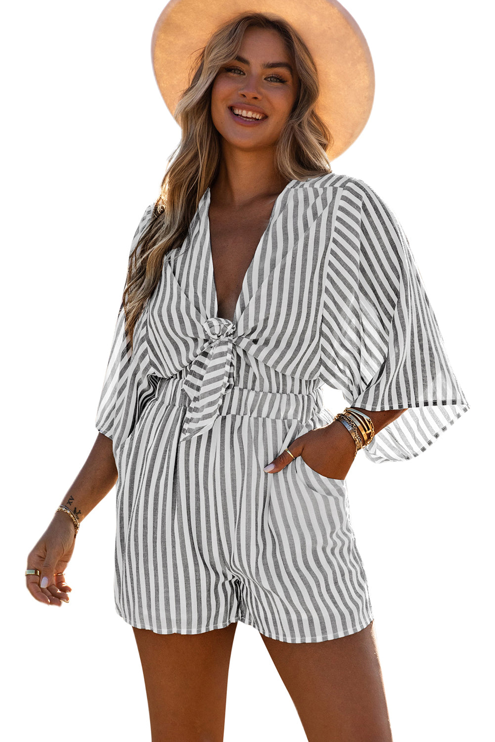 Gray 3/4 Wide Kimono Sleeves Tie Front Striped Romper with Pockets - LA Grand