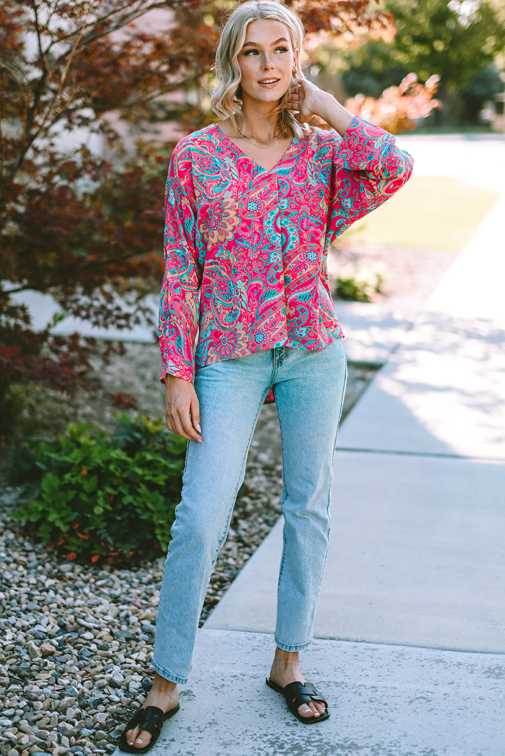 Rose Red Paisley Print Tab Sleeve V-Neck Blouse - LA Grand