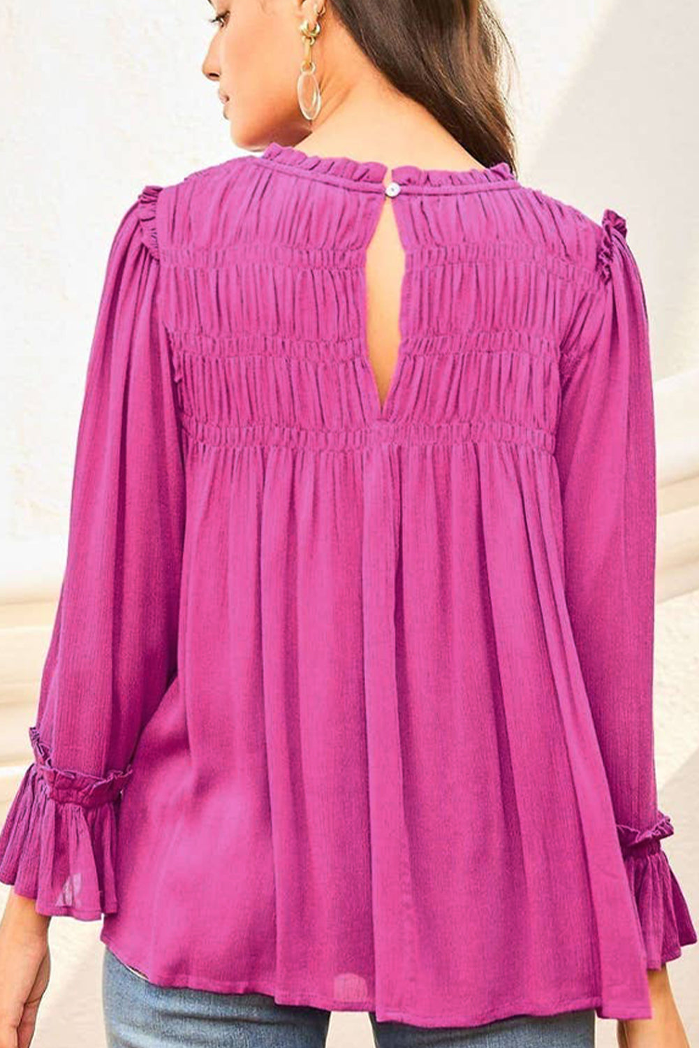 Bright Pink Shirred Button Keyhole Back Flounce Sleeve Blouse - LA Grand