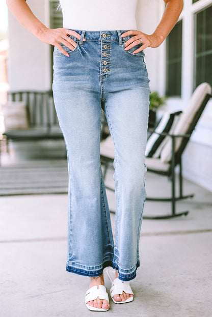 Sky Blue High Waist Buttoned Distressed Flared Jeans - LA Grand