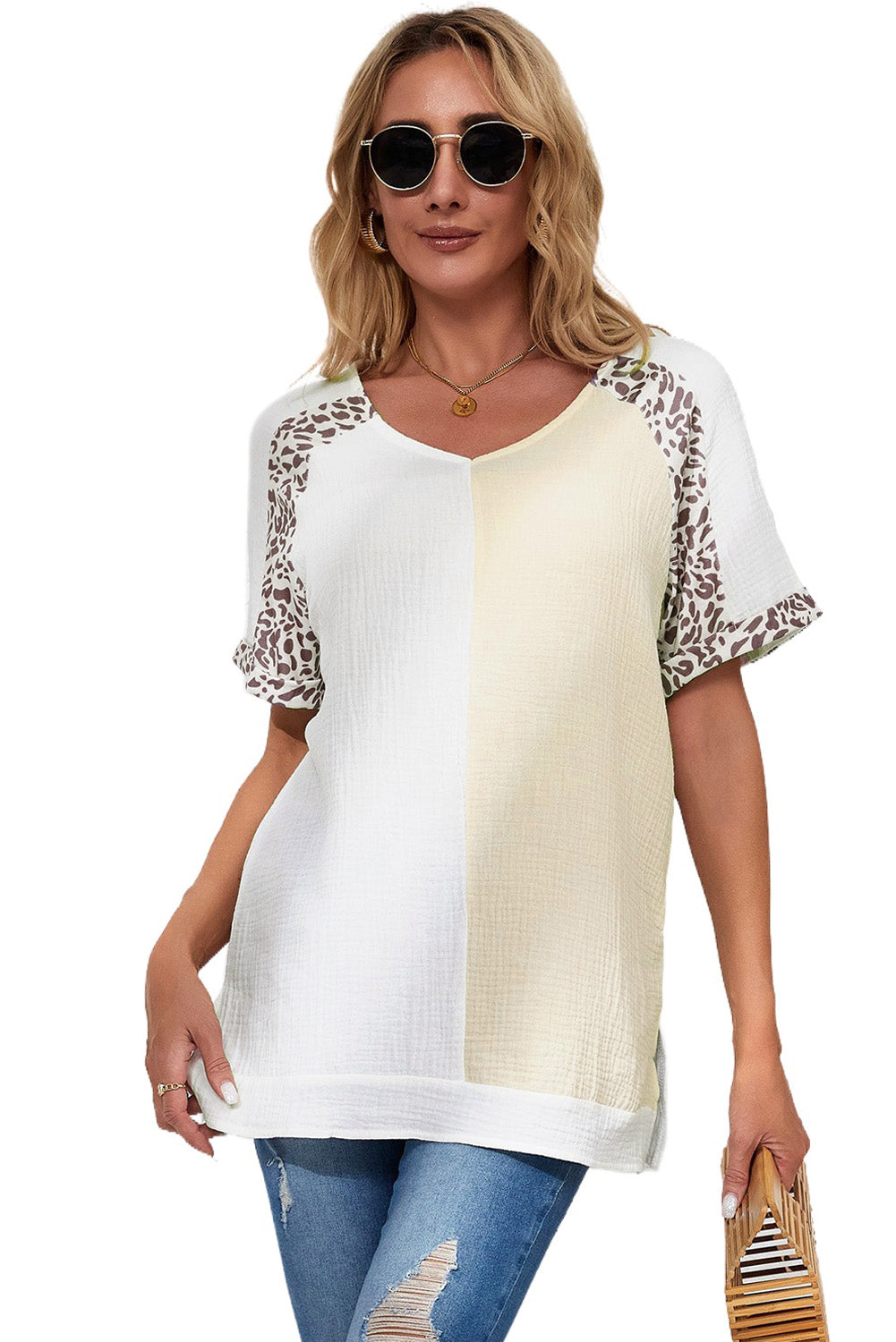 White Distressed Color Patchwork Leopard Trim Blouse - LA Grand