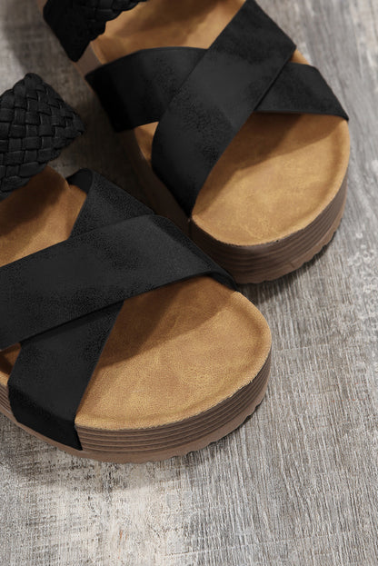 Black Braided Detail Criss Cross Platform Slippers - LA Grand