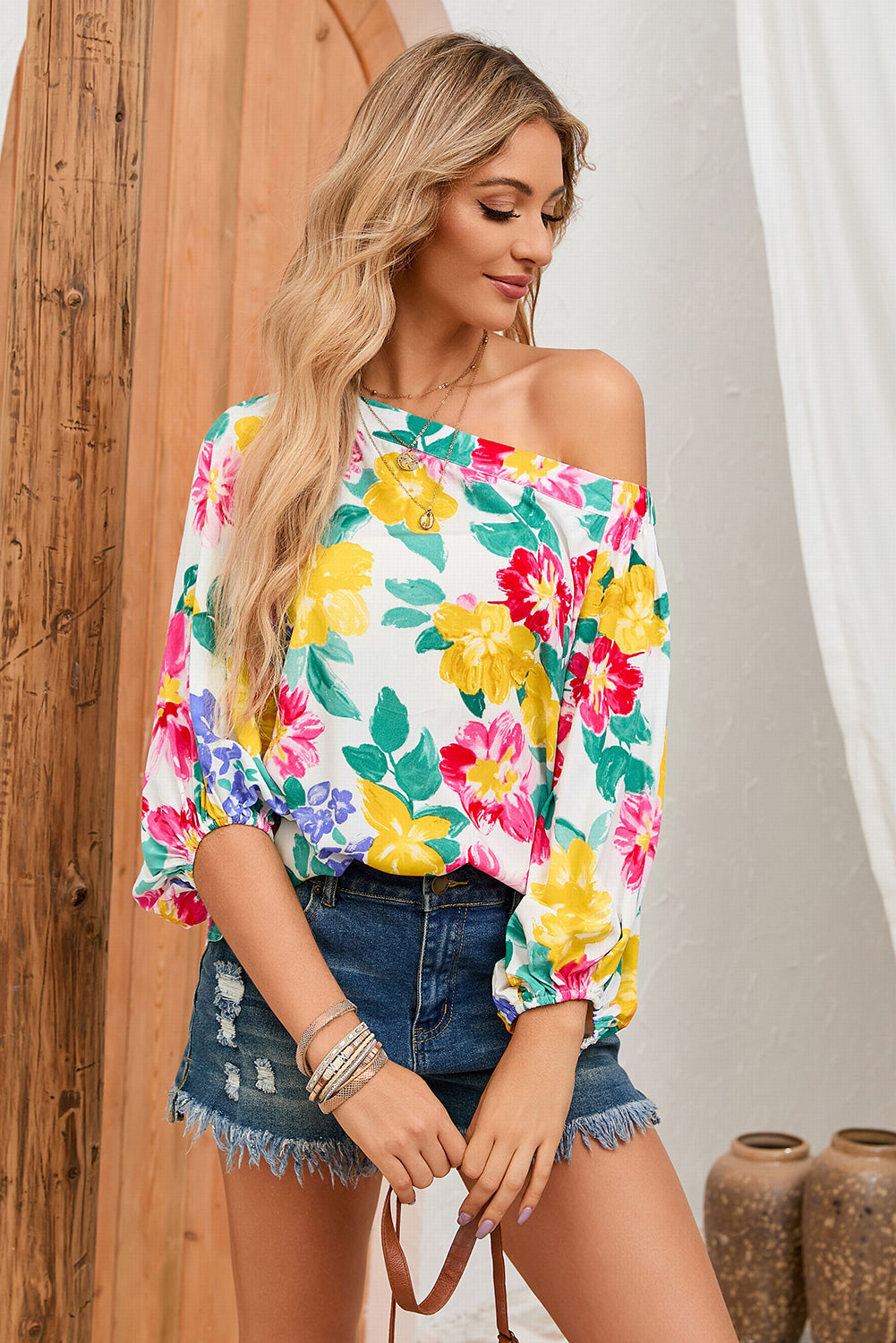 White Water Painting Flowers Puff Sleeve Blouse - LA Grand