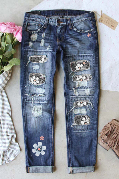 Sky Blue Floral Leopard Print Patchwork Distressed High Waist Jeans - LA Grand