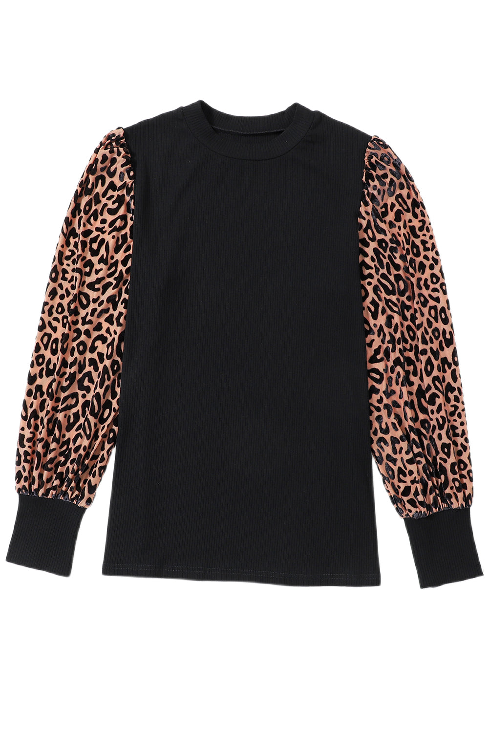 Apricot Leopard Print Long Sleeve Ribbed Knit Blouse - LA Grand