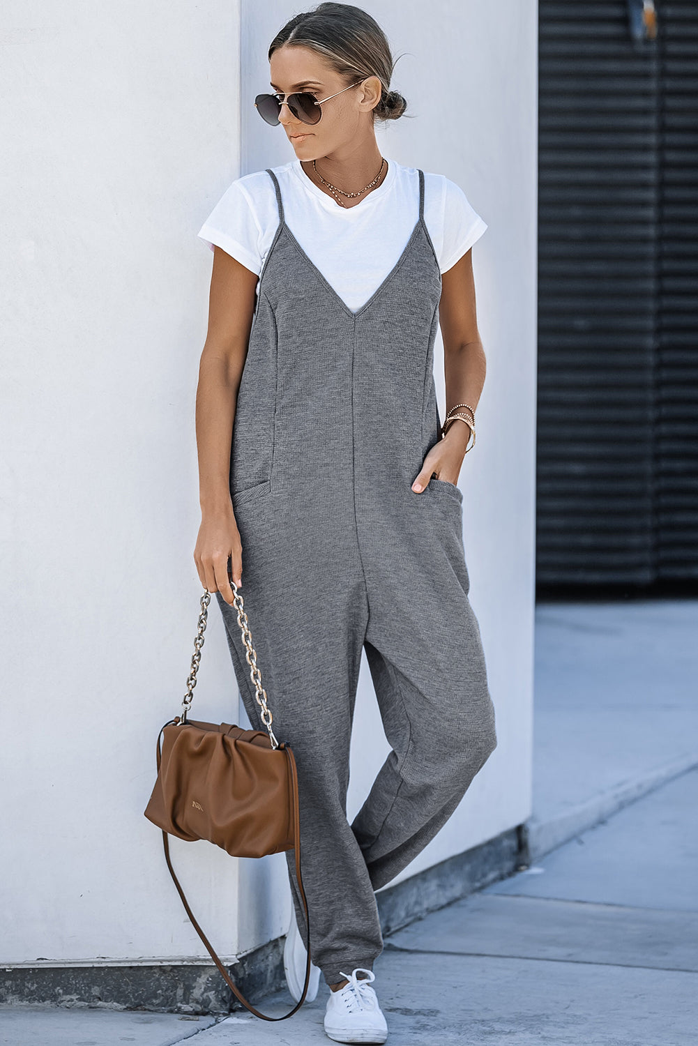 Blue Textured Sleeveless V-Neck Pocketed Casual Jumpsuit - LA Grand