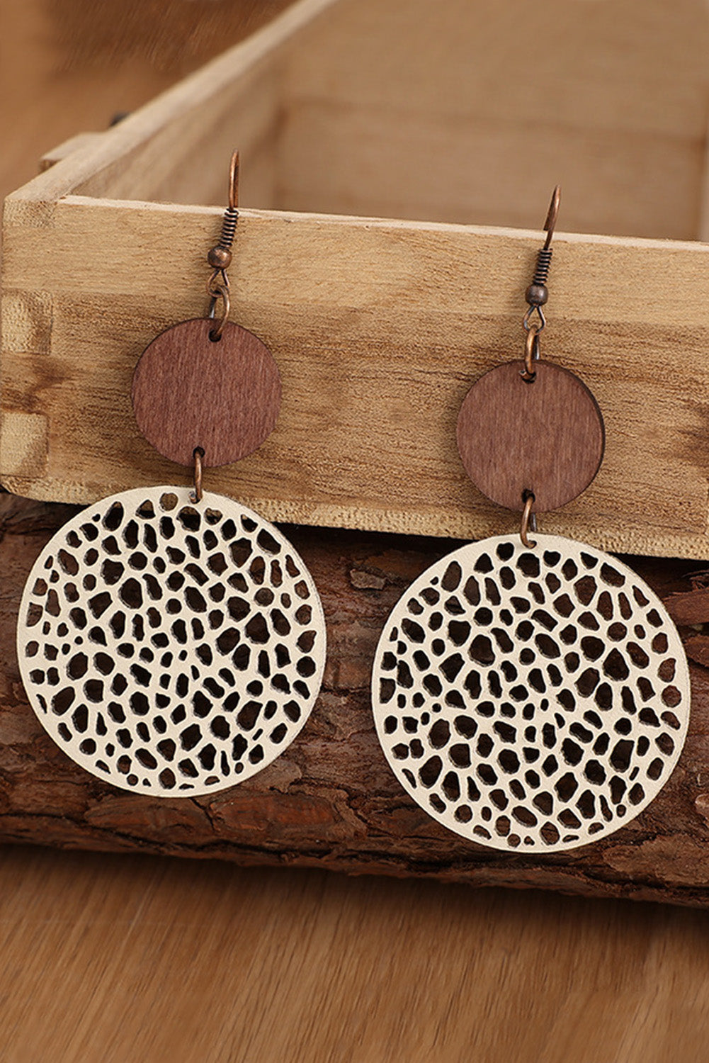 Beige Hollow Out Wooden Round Drop Earrings - LA Grand