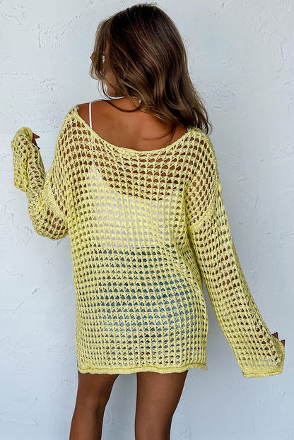 Yellow Open Knit Crochet Bell Sleeve Tunic Sweater - LA Grand