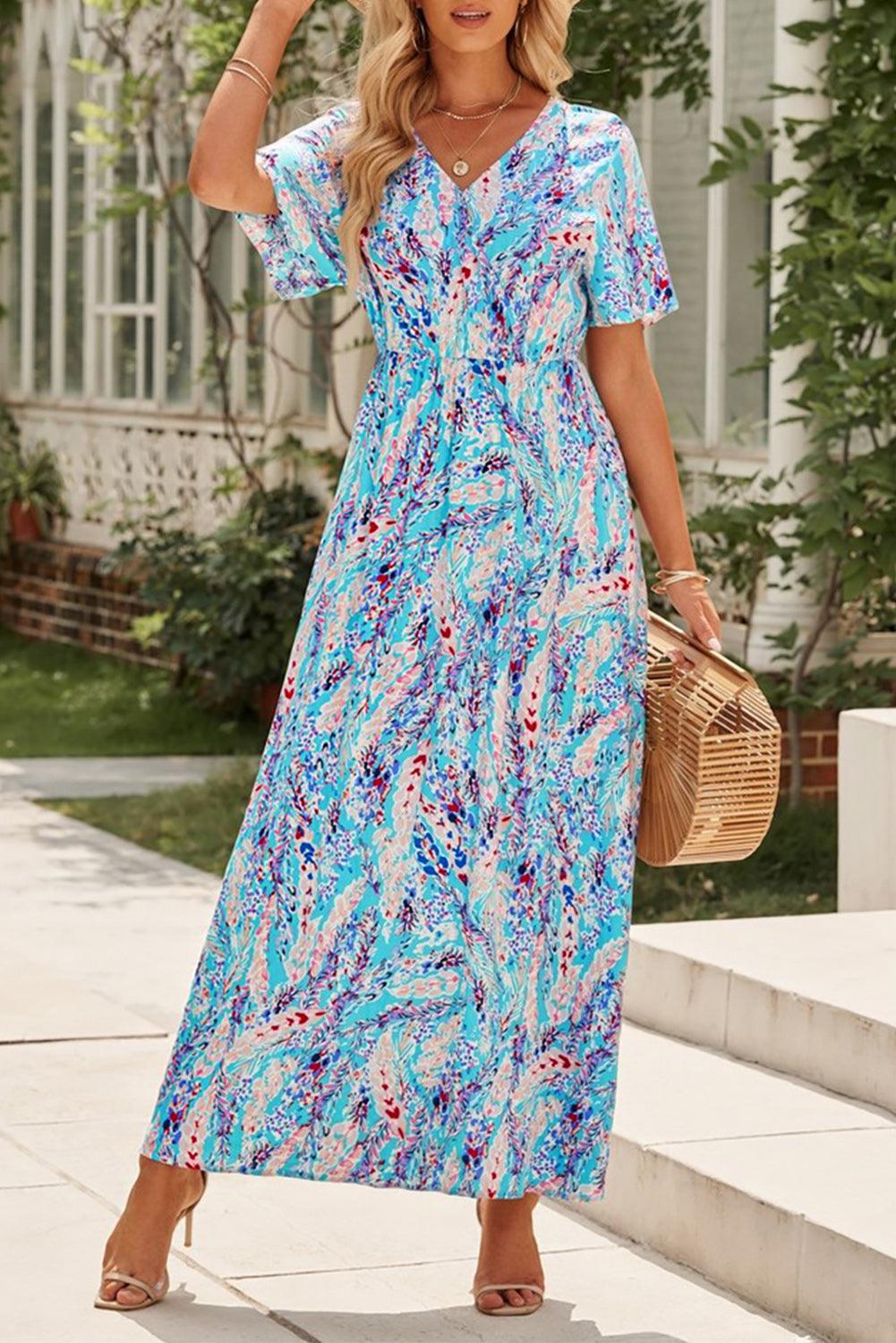 Green Wrap V Neck Floral Maxi Dress - LA Grand