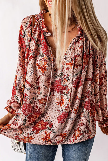 Pink Split V Neck Printed Blouse - LA Grand