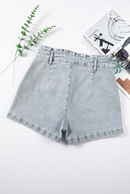 Beau Blue Ruffled High Waist Flap Pockets Denim Shorts - LA Grand