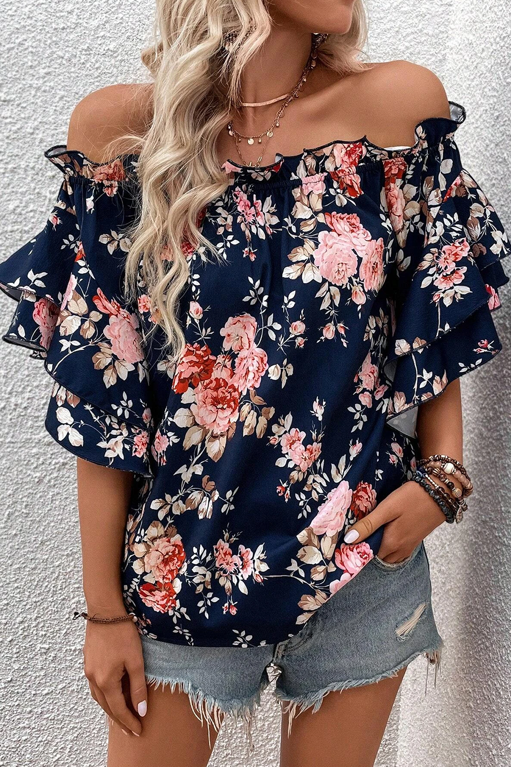 Blue Ruffle Off Shoulder Flounce Sleeve Floral Blouse - LA Grand